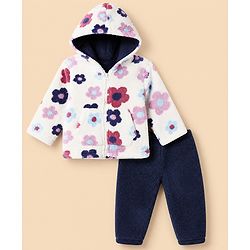 Babyhug Fur Woven Full Sleeves Hooded Winter Wear Suit With Floral Print - White