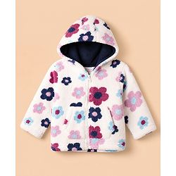 Babyhug Fur Woven Full Sleeves Hooded Winter Wear Suit With Floral Print - White