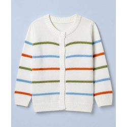 Babyhug Knit Front Open Sweater with Full Sleeves and Stripes Design in White for 6-9 Months