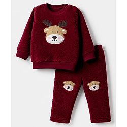 Babyhug Fur Woven Full Sleeves Winter Wear Suits With Reindeer Detailing - Maroon