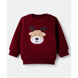Babyhug Fur Woven Full Sleeves Winter Wear Suits With Reindeer Detailing - Maroon