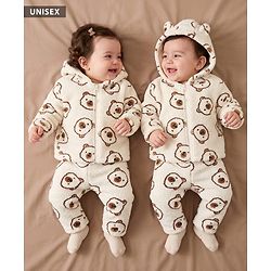 Babyhug Fur Woven Full Sleeves Winter Wear Co-ords Suit Bear Design - Ivory