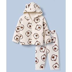 Babyhug Fur Woven Full Sleeves Winter Wear Co-ords Suit Bear Design - Ivory