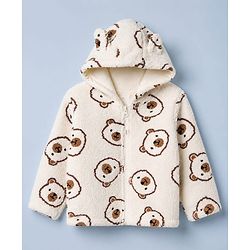 Babyhug Fur Woven Full Sleeves Winter Wear Co-ords Suit Bear Design - Ivory