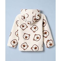 Babyhug Fur Woven Full Sleeves Winter Wear Co-ords Suit Bear Design - Ivory