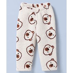 Babyhug Fur Woven Full Sleeves Winter Wear Co-ords Suit Bear Design - Ivory