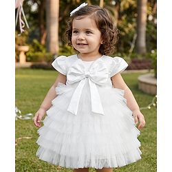 Babyhug Mesh Woven Sleeveless Fit and Flare Partywear Dress With Bow Applique - White