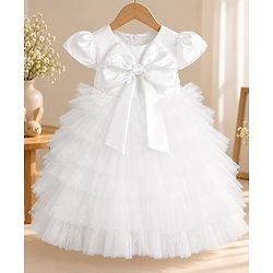 Babyhug Mesh Woven Sleeveless Fit and Flare Partywear Dress With Bow Applique - White