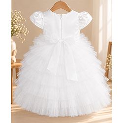 Babyhug Mesh Woven Sleeveless Fit and Flare Partywear Dress With Bow Applique - White