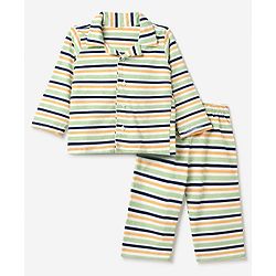 Babyhug 100% Cotton Knit Full Sleeves Co-Ords Striped Shirt & Pyjama Night Suit - Light Green