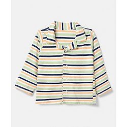Babyhug 100% Cotton Knit Full Sleeves Co-Ords Striped Shirt & Pyjama Night Suit - Light Green