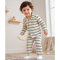 Babyhug 100% Cotton Knit Full Sleeves Co-Ords Striped Shirt & Pyjama Night Suit - Light Green