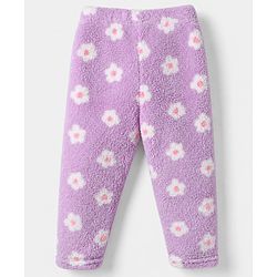 Babyhug Fur Woven Full Sleeves Co-ords Hooded Winter Wear Suits With Floral Print - Lavender
