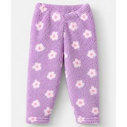 Babyhug Fur Woven Full Sleeves Co-ords Hooded Winter Wear Suits With Floral Print - Lavender
