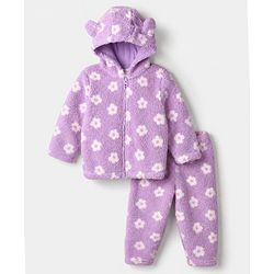 Babyhug Fur Woven Full Sleeves Co-ords Hooded Winter Wear Suits With Floral Print - Lavender
