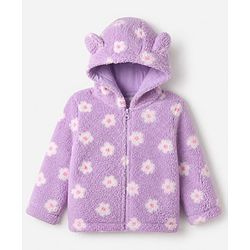 Babyhug Fur Woven Full Sleeves Co-ords Hooded Winter Wear Suits With Floral Print - Lavender
