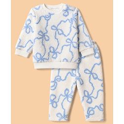Babyhug Fur Woven Full Sleeves Winter Wear Suit With Bow Print - White