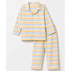 Babyhug 100% Cotton Knit Full Sleeves Front Open Striped Shirt & Pyjama Night Suit Co-Ords Set - Light Orange