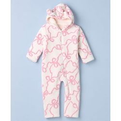 Babyhug Fur Woven Full Sleeves Hooded Winter Wear Romper With Bow Design - Pink