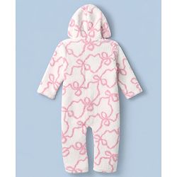 Babyhug Fur Woven Full Sleeves Hooded Winter Wear Romper With Bow Design - Pink