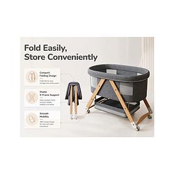 Babyhug Foldable Bassinet | Spacious & Comfortable Design| Breathable Mesh Sides for Ventellation | Sturdy & Stable Frame| Baby-Friendly Sleeping Space | Wheels with Lock - Grey