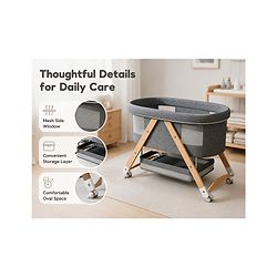 Babyhug Foldable Bassinet | Spacious & Comfortable Design| Breathable Mesh Sides for Ventellation | Sturdy & Stable Frame| Baby-Friendly Sleeping Space | Wheels with Lock - Grey