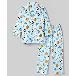Babyhug 100% Cotton Knit Full Sleeves Co-Ords Shirt & Pyjama Night Suit with Sports Print - Sky Blue
