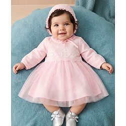 Babyhug Mesh Woven Full Sleeves Fit & Flare Embroidered Party Dress With Cap - Light Pink