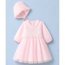 Babyhug Mesh Woven Full Sleeves Fit & Flare Embroidered Party Dress With Cap - Light Pink