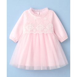 Babyhug Mesh Woven Full Sleeves Fit & Flare Embroidered Party Dress With Cap - Light Pink