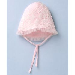 Babyhug Mesh Woven Full Sleeves Fit & Flare Embroidered Party Dress With Cap - Light Pink