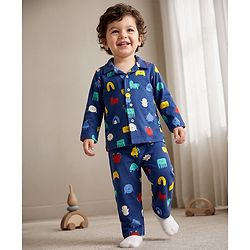 Babyhug 100% Cotton Knit Full Sleeves Co-Ords Shirt & Pyjama Night Suit with Animal Print - Navy Blue