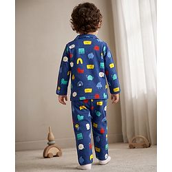 Babyhug 100% Cotton Knit Full Sleeves Co-Ords Shirt & Pyjama Night Suit with Animal Print - Navy Blue