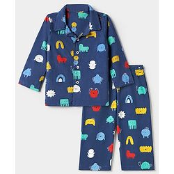 Babyhug 100% Cotton Knit Full Sleeves Co-Ords Shirt & Pyjama Night Suit with Animal Print - Navy Blue