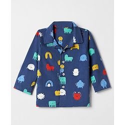 Babyhug 100% Cotton Knit Full Sleeves Co-Ords Shirt & Pyjama Night Suit with Animal Print - Navy Blue