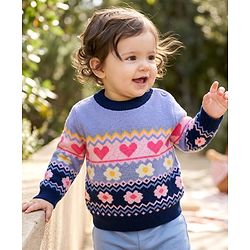 Babyhug Knit Full Sleeves Pullovers with Heart & Flower Design - Navy Blue