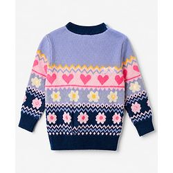 Babyhug Knit Full Sleeves Pullovers with Heart & Flower Design - Navy Blue