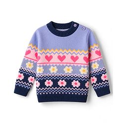 Babyhug Knit Full Sleeves Pullovers with Heart & Flower Design - Navy Blue