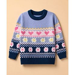 Babyhug Knit Full Sleeves Pullovers with Heart & Flower Design - Navy Blue