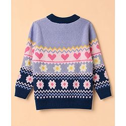 Babyhug Knit Full Sleeves Pullovers with Heart & Flower Design - Navy Blue