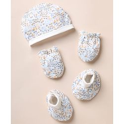 Babyhug 100% Cotton Interlock Knit Cap, Mitten & Booties with Bees, Bugs & Butterfly Print White - Diameter 15 cm