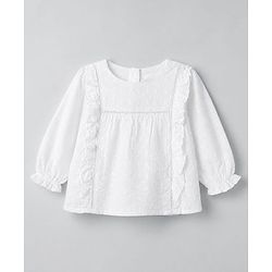 Babyhug 100% Cotton Woven Top with Full Sleeves & Floral Embroidery - White