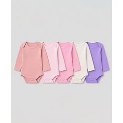 Babyhug 100% Cotton Interlock Knit Full Sleeves Solid Onesies Pack of 5 - Pink, Purple & Beige
