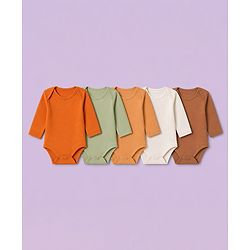 Babyhug 100% Cotton Knit Full Sleeves Solid Onesies Pack Of 5 - Light Green White & Orange