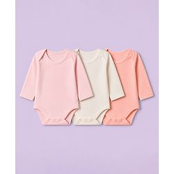 Babyhug 100% Cotton Interlock Knit Full Sleeves Onesies Pack of 3 - White, Pink & Peach