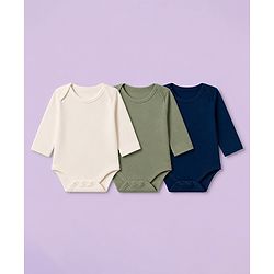 Babyhug 100% Cotton Interlock Knit Full Sleeves Onesies Pack of 3 - White, Green & Navy Blue