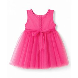 Babyhug Mesh Woven Sleeveless Sequinned Party Dress With Bow Applique - Pink