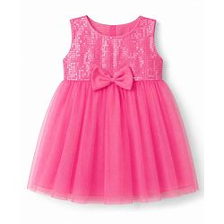 Babyhug Mesh Woven Sleeveless Sequinned Party Dress With Bow Applique - Pink