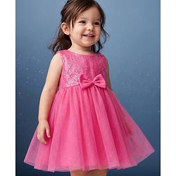 Babyhug Mesh Woven Sleeveless Sequinned Party Dress With Bow Applique - Pink