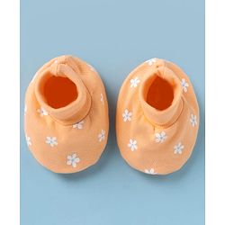 Babyhug 100% Cotton Interlock Knit Cap, Mitten & Booties with Floral Print Light Orange - Diameter 15 cm